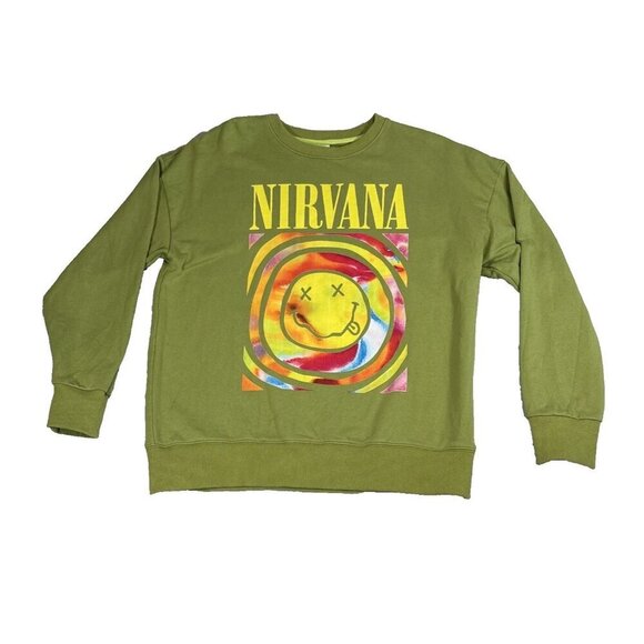 Nirvana Smile Overdyed Crew Neck Sweatshirt Green Size S 90s Vibes Active Casual - Picture 1 of 8